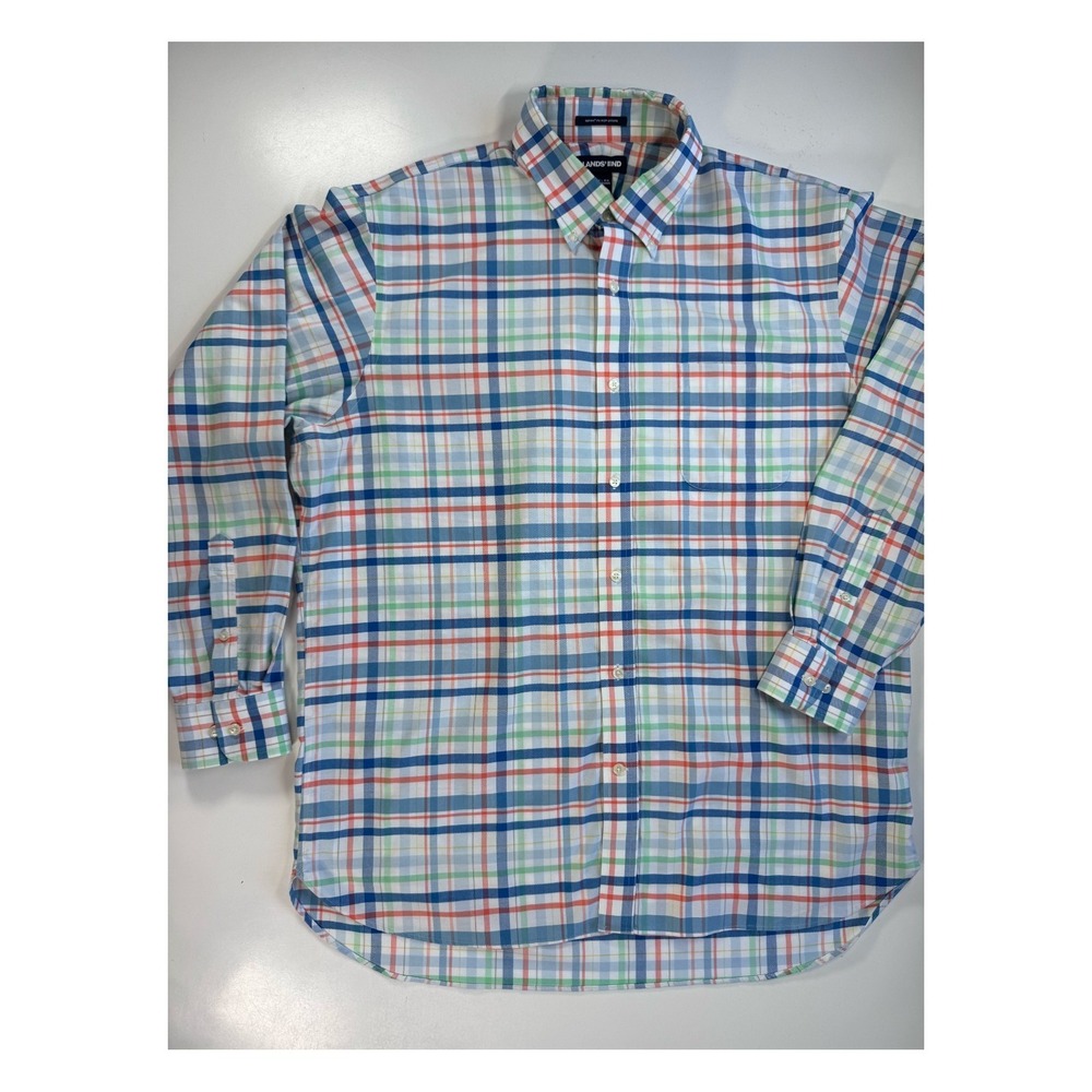 LANDS' END Supima No Iron Oxford Plaid Mens 17-35 Traditional Fit (XL)
